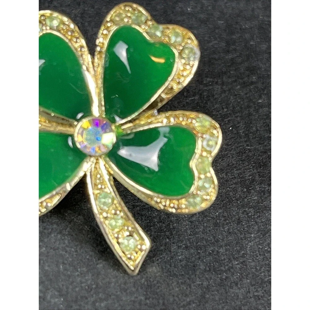 VTG Nina Ricci Green Four Leaf Clover Shamrock Lapel Hat‎ Jacket Pin Rhinestones